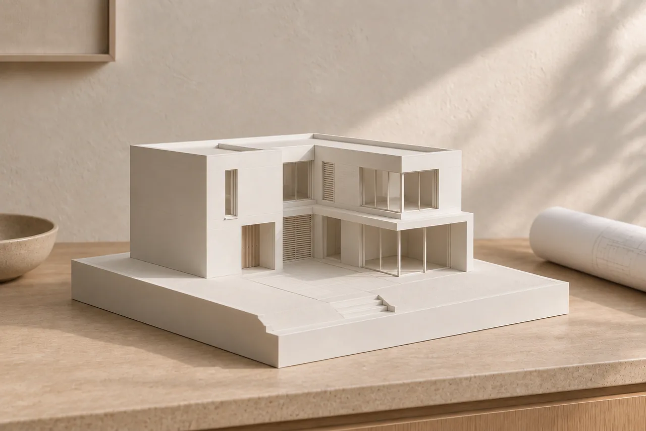 Demonstratiebeeld van een witte patiowoningmaquette met een eenvoudige terreinbasis