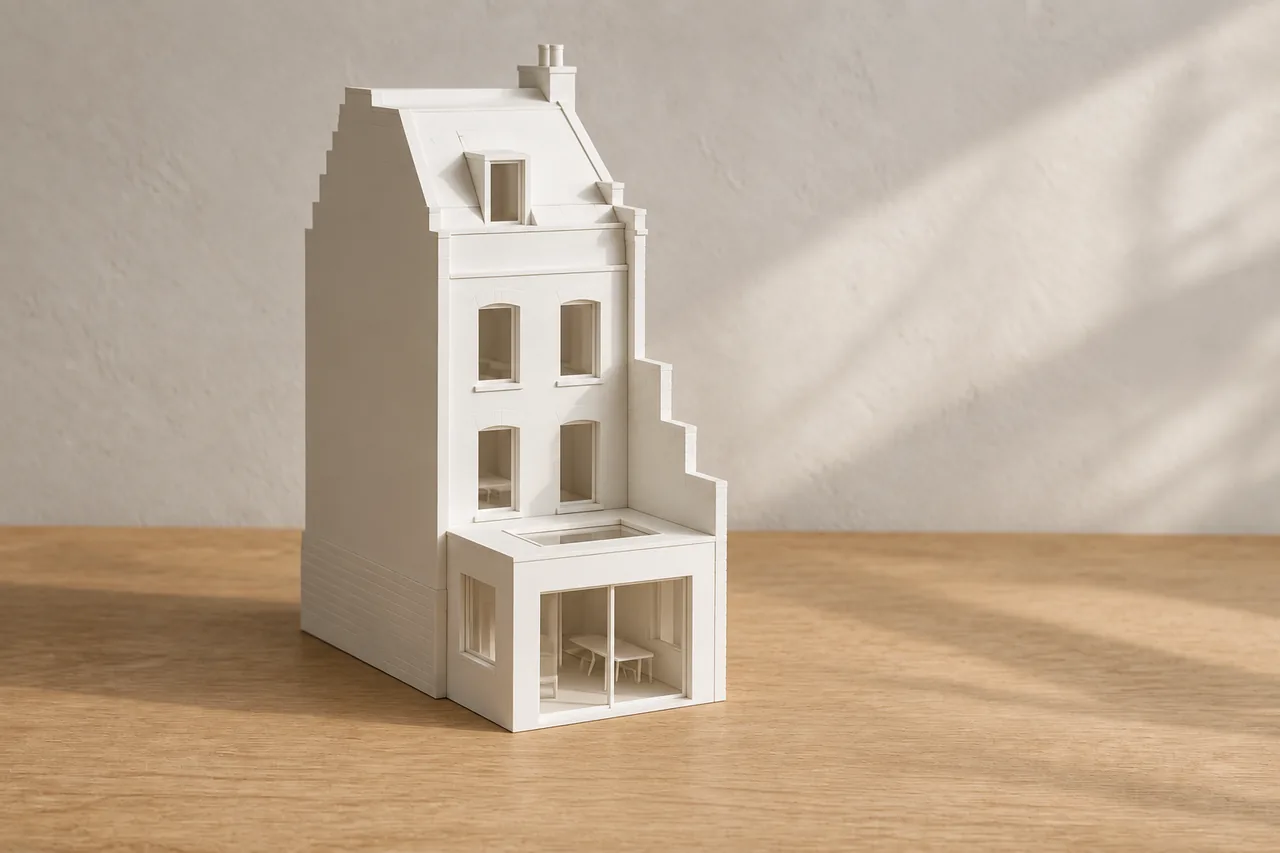 Demonstratiebeeld van een witte stadswoningmaquette zonder terrein of tuin